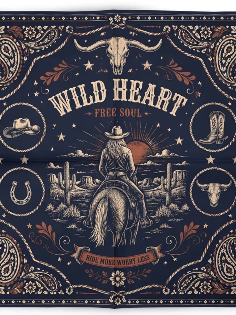 Wild Heart Free Soul Western Paisley Bandana Scarf - Navy & Tan